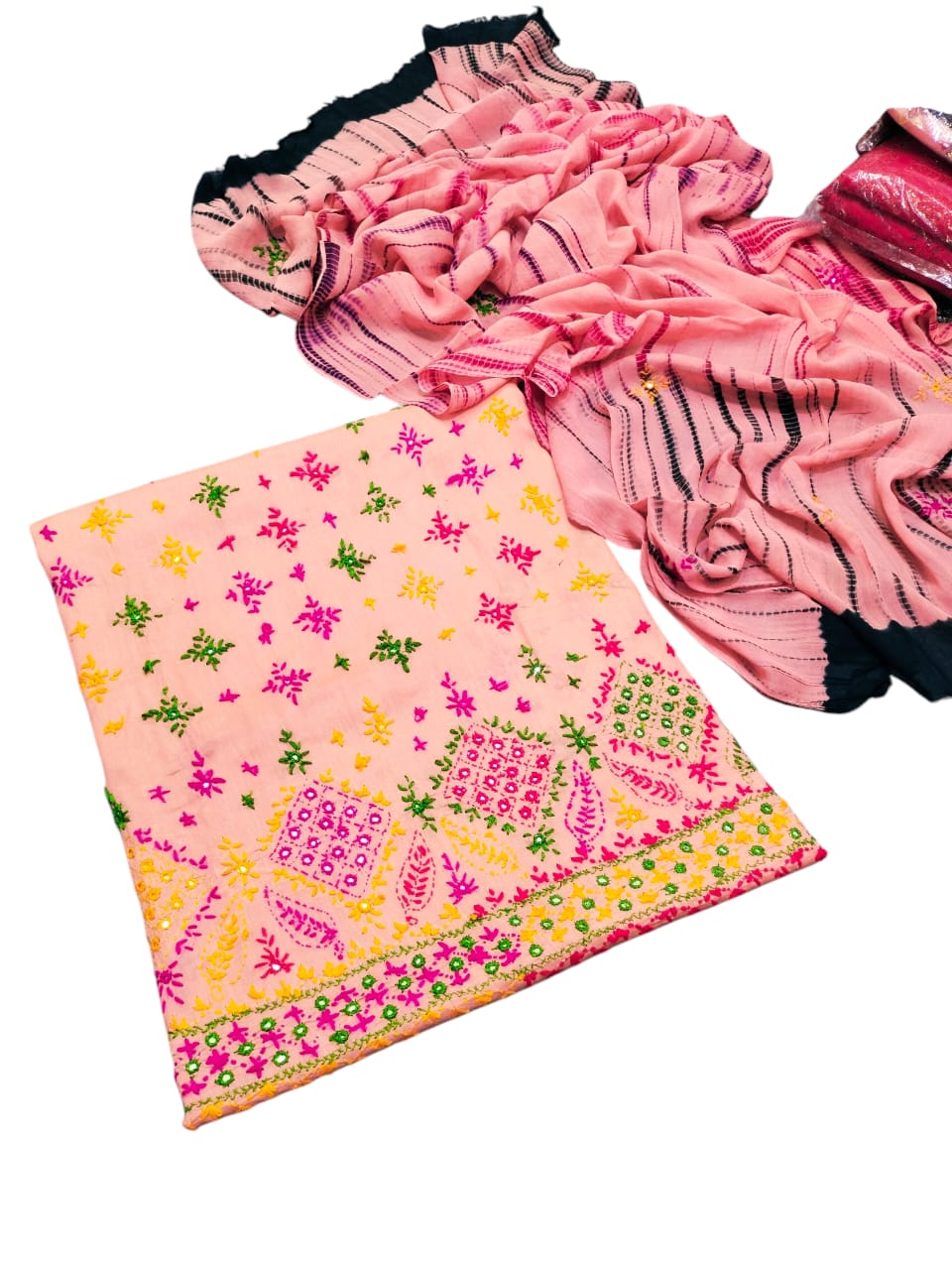 Baby pink colour Handmade sindhi boti chawal tanka work collection with tye n dye dupata 3pc suit (shirt dupata &separate trouser)