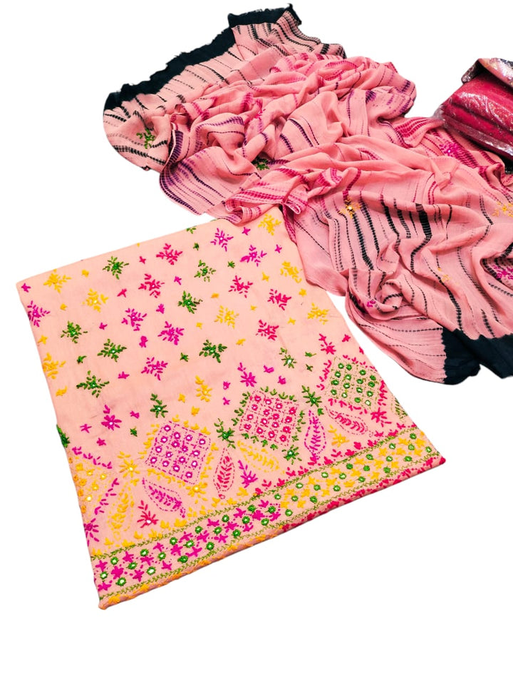 Baby pink colour Handmade sindhi boti chawal tanka work collection with tye n dye dupata 3pc suit (shirt dupata &separate trouser)